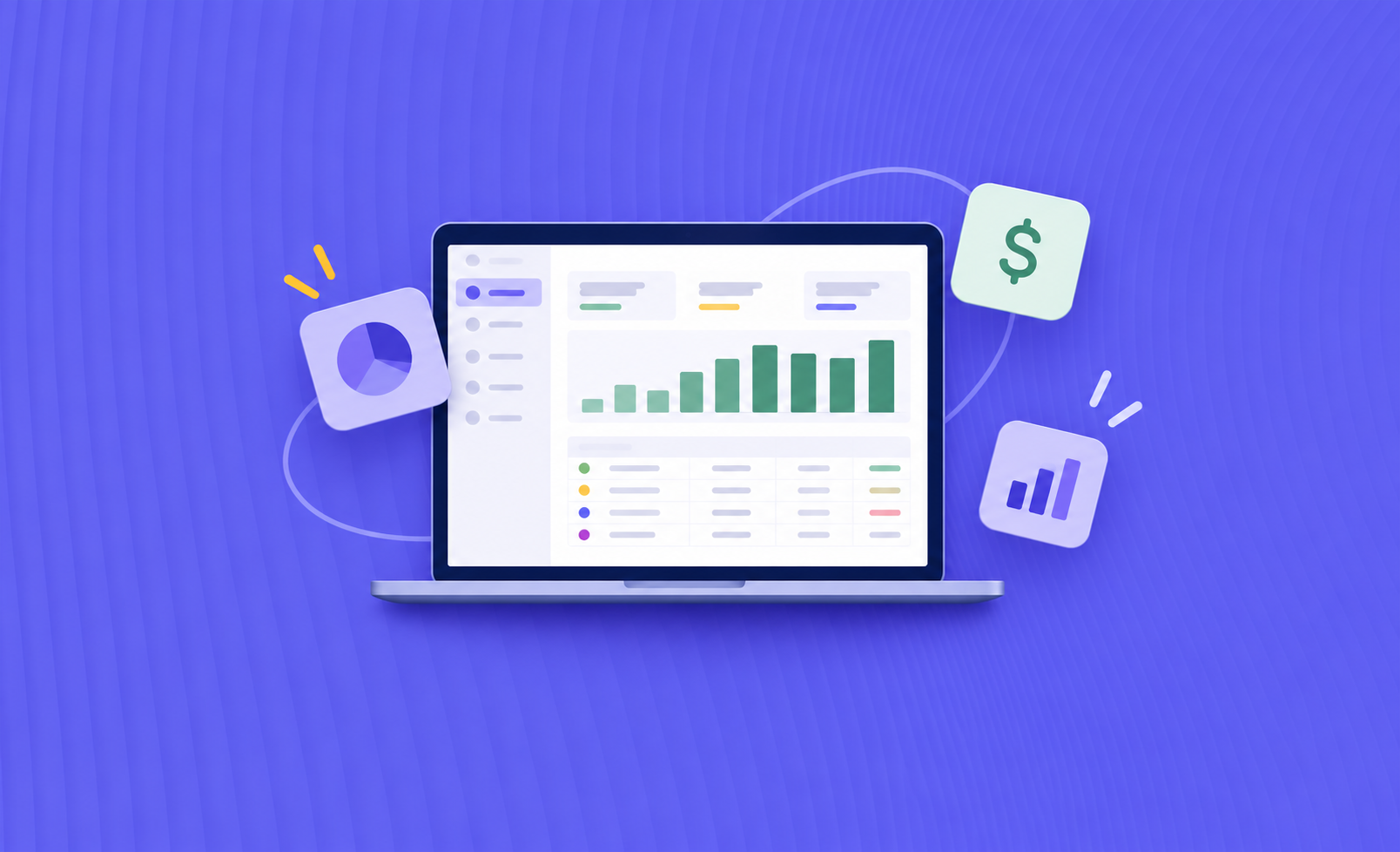Notebook com painel financeiro digital e gráficos